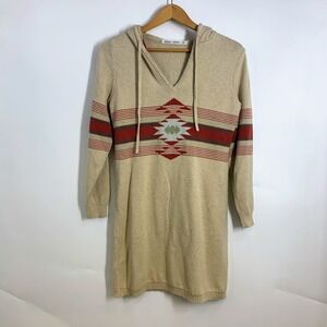 Woolrich Womens Knit Sweater Tribal Aztec Dress Hooded Beige Southwest Pattern M